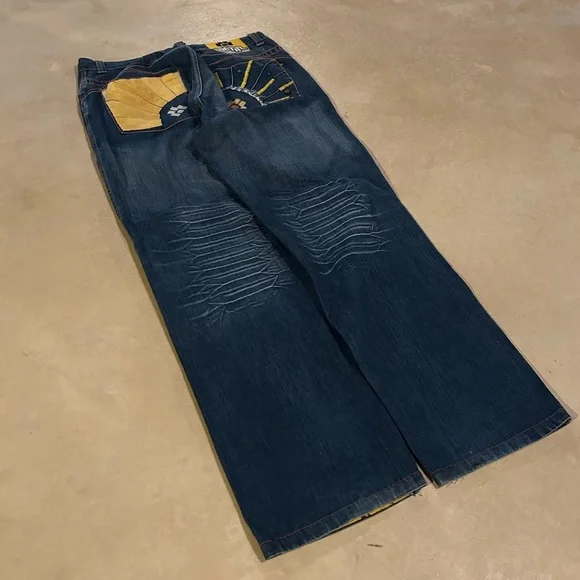 JNCO TRIPPNYC style jeans. Super baggy fit with embroidery and patches on pocket
